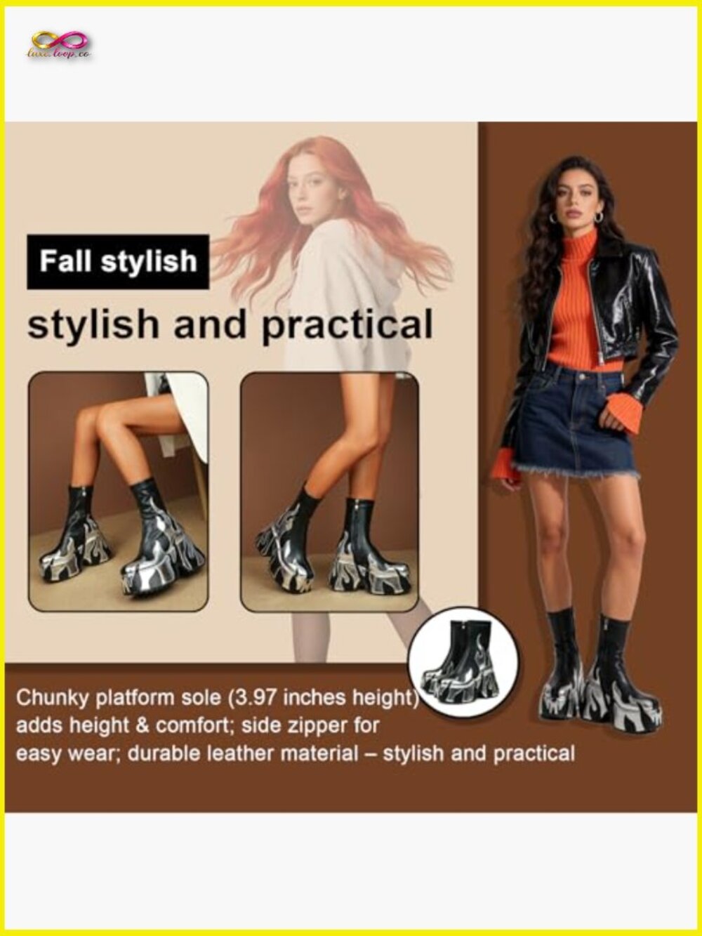 Chunky Sole Ankle Boots with Flames Printing, Platform Heel, Zipper Closure - Picture 3 of 7